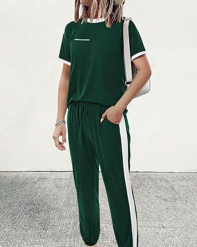 Amkoyam Women's Two Piece Outfits 2024 Summer Short Sleeve Tops With Drawstring Long Pants Tracksuit Jogger Lounge Set in Kuwait