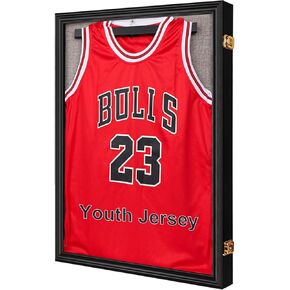 IHEIPYE Kids Jersey Frame Display Case Lockable, Sport Jersey Shadow Box with 98% UV Protection Acrylic and Hanger for Baseball Basketball Football Soccer and Uniform, Small-Black Linen