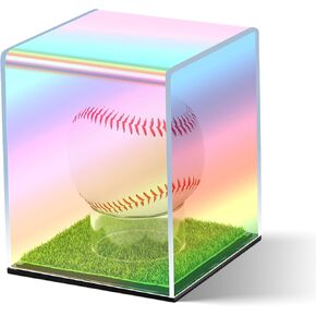 Iridescent Acrylic Baseball Display case with Grass pad Transparent Laser Baseball Holder for Ball Display Cube Box Memorabilia Display case for Baseball for Autograph Ball Protector Display