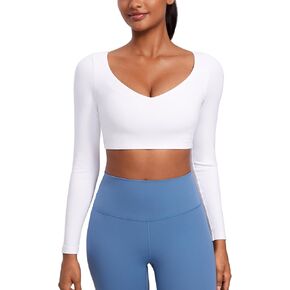 CRZ YOGA Butterluxe Double Lined Long Sleeve Yoga Shirts for Women V Neck Cropped Casual Shirt Tight Crop Fitted Tops
