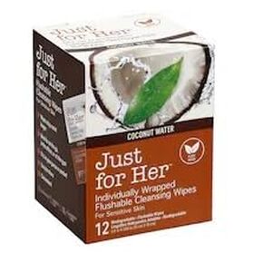 Just For Her Individually Wrapped Flushable Cleansing Wipes - Coconut, 12 ct., WHITE