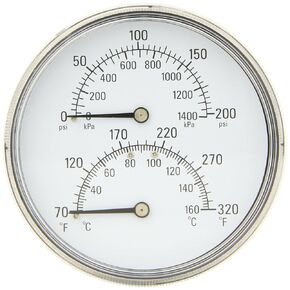 PIC Gauge TRI-RC-402R-D 4" Dial Size, 1/2" Male NPT Connection Size, 0/75 psi Range, Center Back Mount Industrial Round Dial Tridicators with Painted Grey Steel Case, Plastic Lens