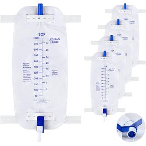 Geiserailie 5 Pack 1000ml Leg Bag Urinary Drainage Bag with Cloth Straps, 33.8oz Large Capacity Urine Leg Bag with Anti Reflux Valve, Easy Flip Drain, Urinary Leg Bag for Men, Women