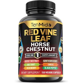 Red Vine Leaf Extract Supplement - 7in1 Formula - Combine with Horse Chestnut, Beet Root, Acai Berry, Hawthorn Berry, Garlic, and Black Pepper - 150 Capsules for 75 Days Supply