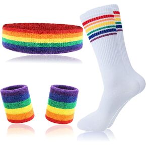 MAGIDOVE 5PCS Sweat Band Wristbands Set 82s Outfit for Men Sports Headband Knee High Tube Socks for Men Women