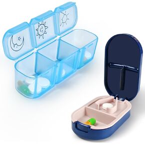 Pill Cutter, Portable Pill Splitter 2-in-1 Pill Case with Stainless Steel Blade, for Small or Large Vitamins Tablets, Cut Pills with Mini Pill Organizer Compartment – Blue (Blue+Blue)