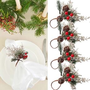 Christmas Cedar Red Fruit Napkin Rings Natural Pine Needle Napkin Holder Table Decoration for Christmas New Year Party Xmas Pine Cone Berries Napkin Ring Holders 4 Pcs, Green