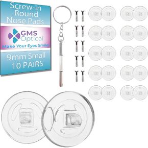 GMS Optical 9mm Small Round Screw in Eyeglass Repair Kit with Screws and Driver, Hard Silicone Nose Pads, Complete Glasses Repair Kit, Factory Replacement Round Non Slip Eyeglass Pads - 10 Pair