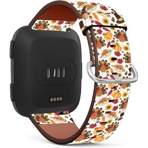Compatible with Fitbit Versa 2 / Versa/Versa Lite/Versa SE Patterned Leather Replacement Band (Thanksgiving Turkey Pumpkin Sunflower-1)