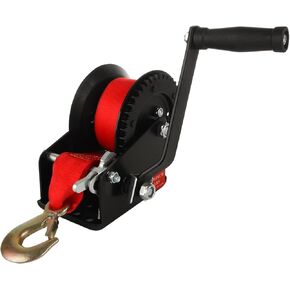 1600LB Boat Trailer Winch with Red Nylon Strap，Heavy Duty Hand Crank Winch, Portable Two Way Ratchet Manual Gear Ratio 4:1 Winch for Trailers, ATV Jet Ski Trailer Marine