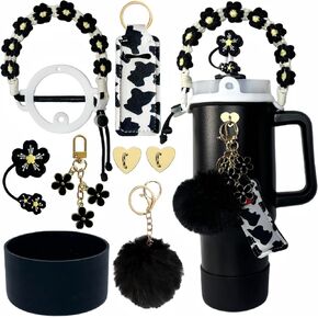 Accessories for Stanley Cup,1 Boho Strap for Stanley Tumbler 40oz,1 Siliocne Water Bottle Boot,1 Straw Cover for Stanley,2 Charms Hooks,1 Lip Balm Holder Bag,1 Pompom Ball,1 Flower Charm(white)