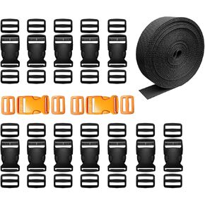 Buckles and Straps 1 Inch, 11 Yards Webbing +14 Pack Heavy Duty Adjustable Side Release Plastic Buckles +28 Tri-Glide Slide Clips, No Sew Quick Replacement Backpack Buckles Webbing Strap Set