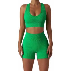 Workout Sets for Women 2 Piece Stretch Seamless Ribbed Crop High Waist Shorts Yoga Sets