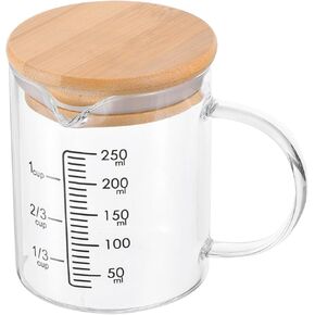 YOKIVE Glass Beaker with Wood Lid, Laboratory Use Liquid Measuring Cup, Great for Lab, Kitchen, Daily Use (Clear, Black Scale, 250ML)