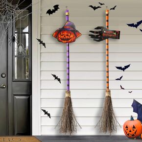 Riokko Halloween Broom Decorations, Happy Halloween Broom Sign, Wooden Witch Broomsticks Halloween Front Porch Decor for Home Indoor Outdoor Wall Office 47inch