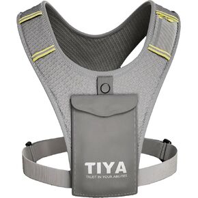 TIYA Running Phone Holder Vest – Waterproof Smartphone Pouch, Zero Bounce, Ultra Lightweight & Reflective – Extra Shoulder Pocket Holds Keys, Cards & Gel – Adjustable – For Men & Women – Grey