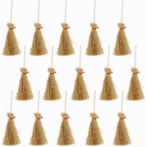 15 PCS Mini Straw Brooms Artificial Miniature Craft Witch Broom with Red Ropes for Hanging Halloween Party Decorative Accessory