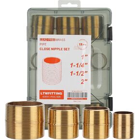 LTWFITTING Assortment Kit (1-Inch - 2-Inch) Close NPT Male Brass Pipe Close Nipple (Pack of 12)