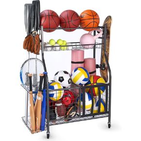 Garage Sports Equipment Organizer with Hooks,Ball Storage Rack, Sports Equipment Storage, Golf Storage Garage Organizer for Bats, Toys Basketbal, Football, Soccer