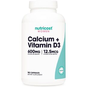 Nutricost Calcium (600mg) + Vitamin D3 (12.5mcg) for Women, 180 Capsules - Vegan, Non-GMO, Gluten Free - 60 Servings