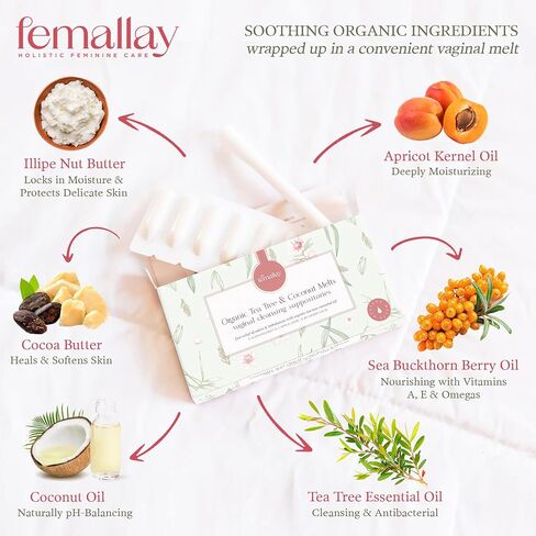 Femallay Organic Tea Tree & Oil Vaginal Cleansing Suppositories for Hygiene, 100% Natural Melts for Feminine Care, Great for Dryness and More, 7 Individually-Sealed Melts + 1 Applicator in Saudi Arabia