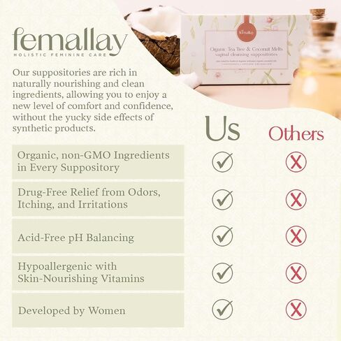 Femallay Organic Tea Tree & Oil Vaginal Cleansing Suppositories for Hygiene, 100% Natural Melts for Feminine Care, Great for Dryness and More, 7 Individually-Sealed Melts + 1 Applicator in Saudi Arabia