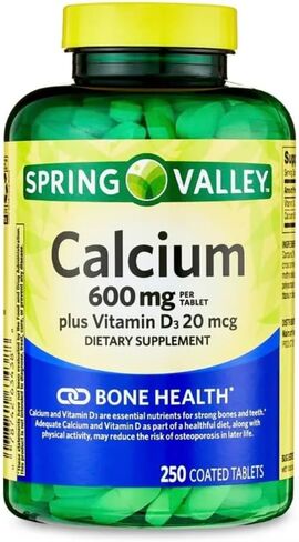 Spring Valley Calcium Tablets, 600mg, Plus Vitamin D3 20mcg, Dietary Supplement, 250 Count in Saudi Arabia