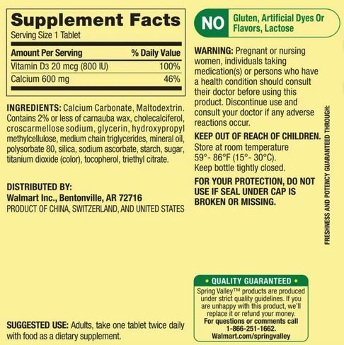 Spring Valley Calcium Tablets, 600mg, Plus Vitamin D3 20mcg, Dietary Supplement, 250 Count in Saudi Arabia