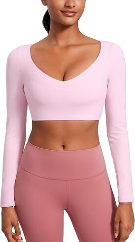 CRZ YOGA Butterluxe Double Lined Long Sleeve Yoga Shirts for Women V Neck Cropped Casual Shirt Tight Crop Fitted Tops in Saudi Arabia