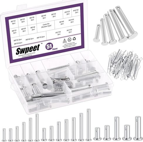 Swpeet 51Pcs 18 Size M5 M6 M8 M10 M12 Zinc Plated Clevis Pins with Cotter Pin Assortment Kit, Single Hole Flat Head Clevis Pins Split Pins Hairpin Cotter Pin Fitting Hole Location Pin Clips Fastener in Saudi Arabia