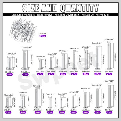 Swpeet 51Pcs 18 Size M5 M6 M8 M10 M12 Zinc Plated Clevis Pins with Cotter Pin Assortment Kit, Single Hole Flat Head Clevis Pins Split Pins Hairpin Cotter Pin Fitting Hole Location Pin Clips Fastener in Saudi Arabia