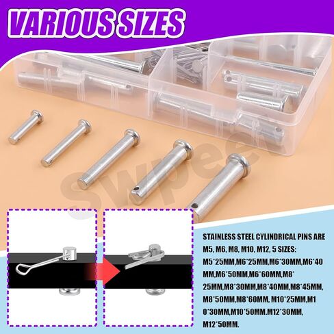 Swpeet 51Pcs 18 Size M5 M6 M8 M10 M12 Zinc Plated Clevis Pins with Cotter Pin Assortment Kit, Single Hole Flat Head Clevis Pins Split Pins Hairpin Cotter Pin Fitting Hole Location Pin Clips Fastener in Saudi Arabia