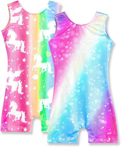 Nymphperi 2 Packs Gymnastics Leotard for Girls Sparkle Biketards with Shorts Kids Sleeveless Unitard One-Piece Dancewear in Kuwait