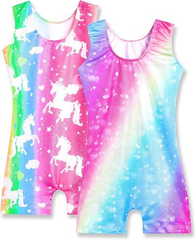 Nymphperi 2 Packs Gymnastics Leotard for Girls Sparkle Biketards with Shorts Kids Sleeveless Unitard One-Piece Dancewear in Kuwait