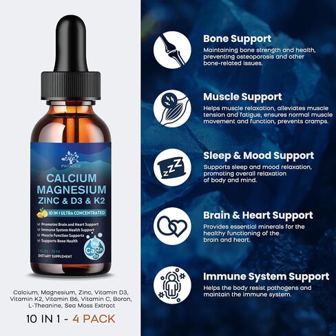 (4 Pack) 10 In 1 Calcium Magnesium Zinc Supplement, Magnesium Glycinate complex Liquid Drops With Vitamin D3 K2 B6, Vegan Calcium Citrate Bone & Immune health Support, Sleep & Cramps, Boron, 1 Fl Oz in Saudi Arabia