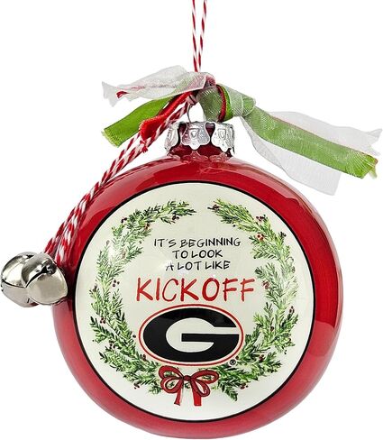 University of Georgia Bulldogs Ceramic Ball Ornament - Team Logo & Kick Off Design w/Ribbon & Bells by Magnolia Lane - Christmas Decoration, Gift for UGA Students, Alumni - for Home, Dorm Decor in Saudi Arabia