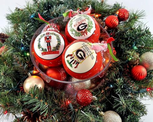University of Georgia Bulldogs Ceramic Ball Ornament - Team Logo & Kick Off Design w/Ribbon & Bells by Magnolia Lane - Christmas Decoration, Gift for UGA Students, Alumni - for Home, Dorm Decor in Saudi Arabia