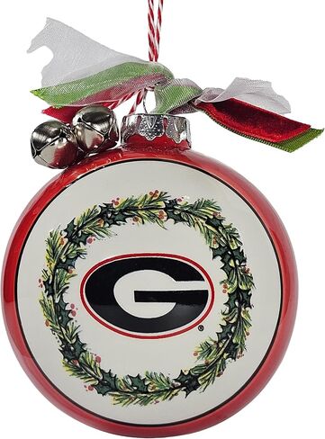 University of Georgia Bulldogs Ceramic Ball Ornament - Team Logo & Kick Off Design w/Ribbon & Bells by Magnolia Lane - Christmas Decoration, Gift for UGA Students, Alumni - for Home, Dorm Decor in Saudi Arabia
