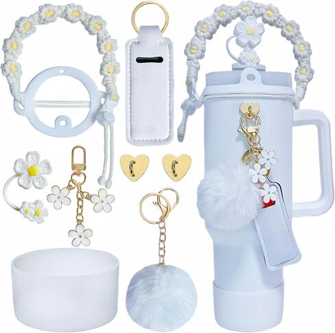 Accessories for Stanley Cup,1 Boho Strap for Stanley Tumbler 40oz,1 Siliocne Water Bottle Boot,1 Straw Cover for Stanley,2 Charms Hooks,1 Lip Balm Holder Bag,1 Pompom Ball,1 Flower Charm(white) in Saudi Arabia