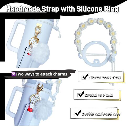 Accessories for Stanley Cup,1 Boho Strap for Stanley Tumbler 40oz,1 Siliocne Water Bottle Boot,1 Straw Cover for Stanley,2 Charms Hooks,1 Lip Balm Holder Bag,1 Pompom Ball,1 Flower Charm(white) in Saudi Arabia