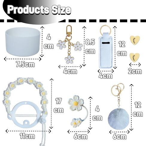 Accessories for Stanley Cup,1 Boho Strap for Stanley Tumbler 40oz,1 Siliocne Water Bottle Boot,1 Straw Cover for Stanley,2 Charms Hooks,1 Lip Balm Holder Bag,1 Pompom Ball,1 Flower Charm(white) in Saudi Arabia