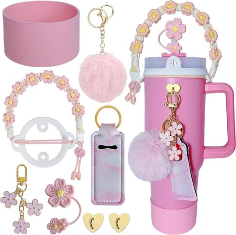 Accessories for Stanley Cup,1 Boho Strap for Stanley Tumbler 40oz,1 Siliocne Water Bottle Boot,1 Straw Cover for Stanley,2 Charms Hooks,1 Lip Balm Holder Bag,1 Pompom Ball,1 Flower Charm(white) in Saudi Arabia