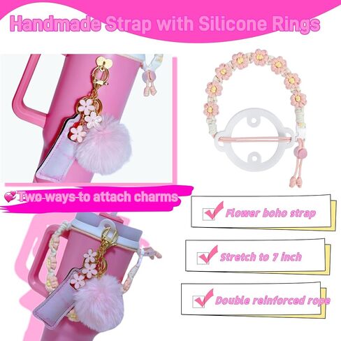 Accessories for Stanley Cup,1 Boho Strap for Stanley Tumbler 40oz,1 Siliocne Water Bottle Boot,1 Straw Cover for Stanley,2 Charms Hooks,1 Lip Balm Holder Bag,1 Pompom Ball,1 Flower Charm(white) in Saudi Arabia