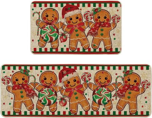 Artoid Mode Gingerbread Candy Cane عيد الميلاد حصائر المطبخ مجموعة من 2، ديكور المنزل الشتوي سجاد مطبخ منخفض المستوى للأرضية - 17x29 و17x47 بوصة in Saudi Arabia