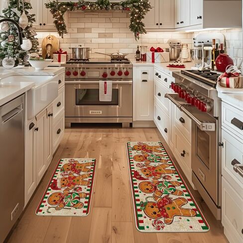 Artoid Mode Gingerbread Candy Cane عيد الميلاد حصائر المطبخ مجموعة من 2، ديكور المنزل الشتوي سجاد مطبخ منخفض المستوى للأرضية - 17x29 و17x47 بوصة in Saudi Arabia