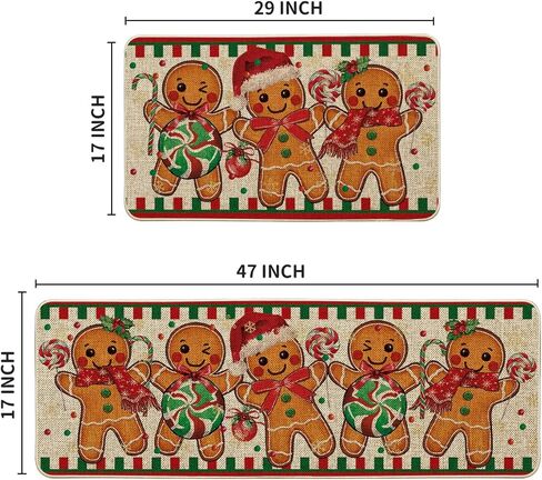 Artoid Mode Gingerbread Candy Cane عيد الميلاد حصائر المطبخ مجموعة من 2، ديكور المنزل الشتوي سجاد مطبخ منخفض المستوى للأرضية - 17x29 و17x47 بوصة in Saudi Arabia