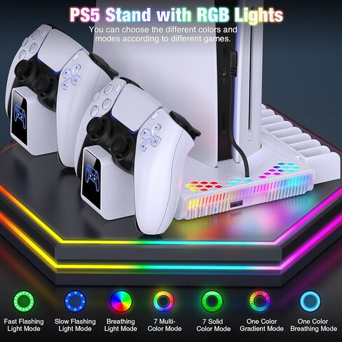 Kawaye لمحطة تبريد PS5 رفيعة مع شاحن وحدة تحكم لوحدة تحكم PS5/Slim، لملحقات PS5 حامل عمودي بما في ذلك مروحة تبريد 3 مستويات، ضوء RGB، حامل سماعة رأس، 14 فتحة ألعاب in Kuwait