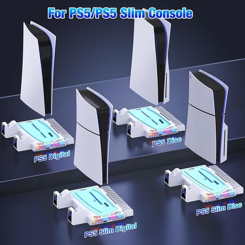 Kawaye لمحطة تبريد PS5 رفيعة مع شاحن وحدة تحكم لوحدة تحكم PS5/Slim، لملحقات PS5 حامل عمودي بما في ذلك مروحة تبريد 3 مستويات، ضوء RGB، حامل سماعة رأس، 14 فتحة ألعاب in Kuwait