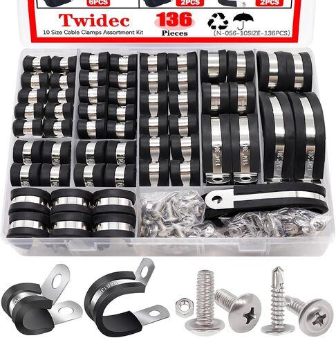 Twidec/50PCS 1/2 Inch Cable Clamp 304 Stainless Steel Rubber Coated Cushion Pipe Clamps,Metal Clamp,With Metal Rubber Clips For Automotive Wire Tube Pipe Clamps N-056-1/2 in Kuwait