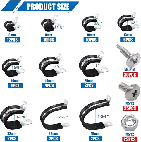 Twidec/50PCS 1/2 Inch Cable Clamp 304 Stainless Steel Rubber Coated Cushion Pipe Clamps,Metal Clamp,With Metal Rubber Clips For Automotive Wire Tube Pipe Clamps N-056-1/2 in Kuwait
